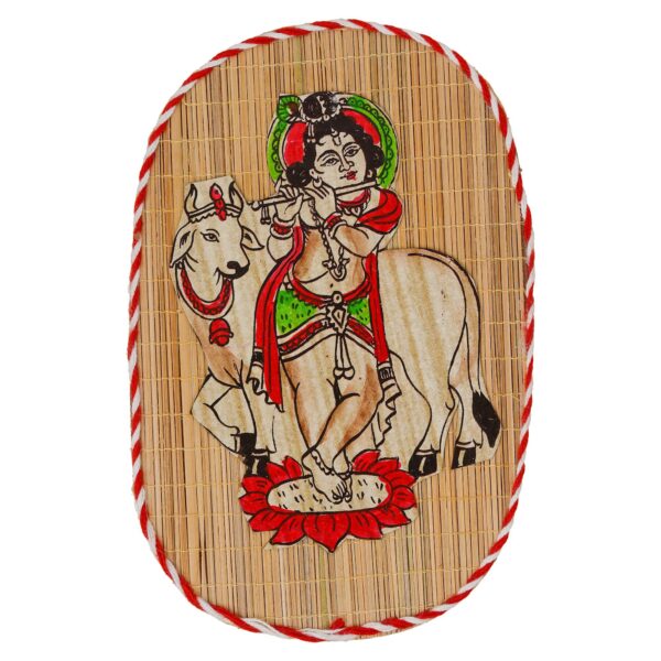 Oval Shaped Design Bamboo Hand Crafted Wall Hangings Of Bal Gopal With Holy Cow For Home Decor | Bamboo Art For Wall Decor - Image 3